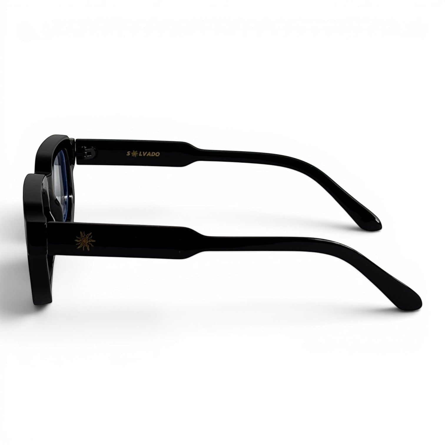 solvado Midnight Clear Brille mit schwarzem Acetat-Rahmen, quadratischer Form und goldenem Sonnen-Emblem am Bügel