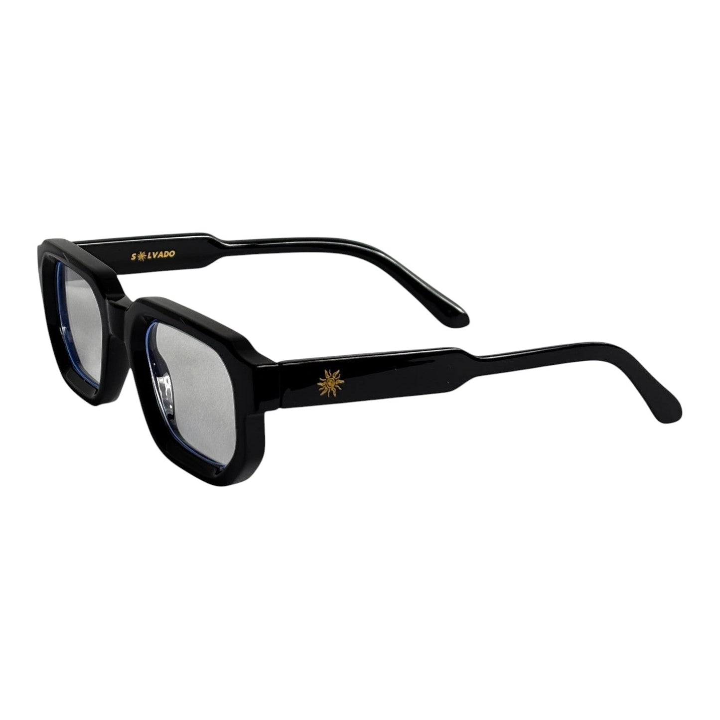 solvado Midnight Clear Brille mit quadratischem schwarzem Acetatrahmen und goldenem Sonnen-Emblem am Bügel